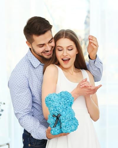 DuHouse Rose Bear Rose Teddy Bear Flower Gift Black Box for Valentines Gifts Anniversary Christmas,Birthdays Bridal Showers -Fully Handmade 10 inch Flower Bear Clear Gift Box (Baby Blue) - color: Baby Blue