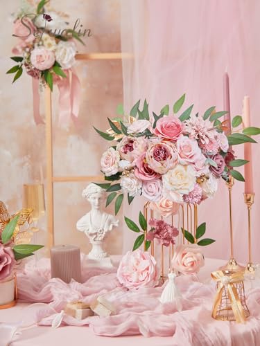 Serwalin Pink Artificial Flowers Peonies, Fake Silk Flowers Wedding Bouquet Bridal Centerpieces Flowers for Decoration, Cake Flower Home Decor - color: Dreamy Peonies, size: Square