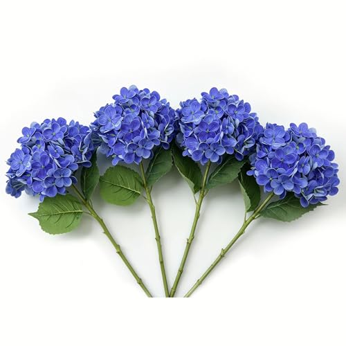 4 Pcs Faux Hydrangeas Real Touch Hydrangea Artificial Flowers Latex Large Fake Flower Long Stems for Wedding Home Party Table Centerpieces Decor (Blue) - color: Blue