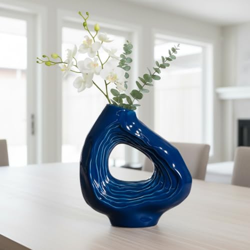 Sunddo Blue Ceramic Vase for Home Decor - 9 Inch Modern Flower Vase, Boho Donut Decorative Vase for Flowers, Living Room Bedroom, Wedding, Table Centerpiece - color: Blue, size: 9 inch