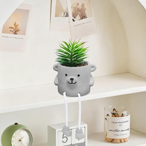 Artificial Succulents in Cement Pots with Hanging Leg, Potted Cute Mini Fake Plants for Office Desk Decor, Faux Succulent Plants Indoor Decorations - Set of 1 - color: 1pcs-bruin