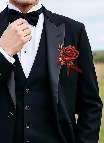Red Rose Boutonniere and Corsage Set - 2 Pcs Artificial Flowers Corsage Wristlet and Boutonniere Kit for Wedding Prom Party, Anniversary Ceremony - color: Red