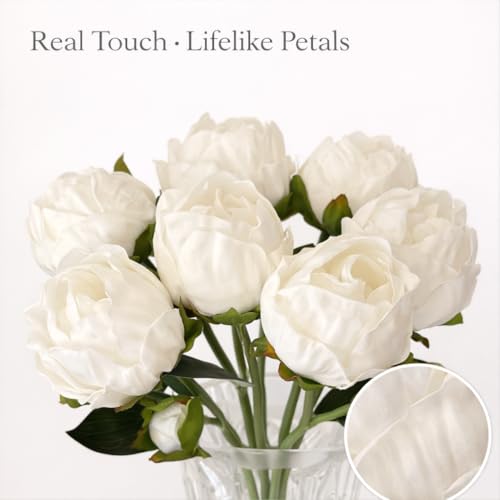 Artificial Peony Flowers 6 Pack 14Inch Milky White Real Touch Latex - Home Decor Bathroom Table Centerpieces Wedding Party Decor - color: Milky White