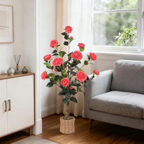 2Pack Artificial Camellia Tree, 3Ft Faux Pink Camellia Plant in Pot, Fake Outdoor Tree Camellia Flower Tree for Home Office Living Room Floor Indoor Decor - color: Pink