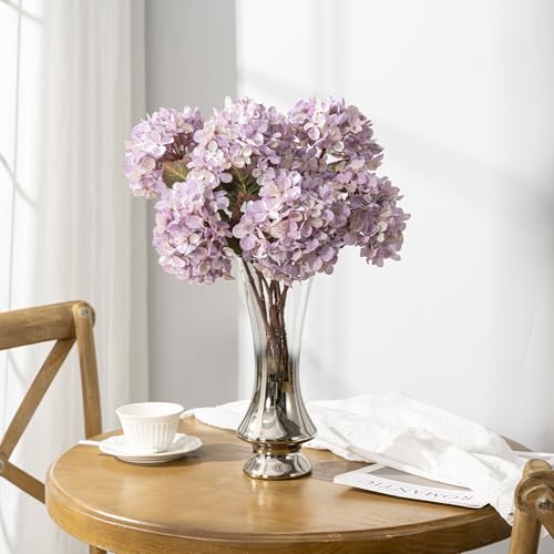 Artificial Flower Fake Silk Hydrangea Heads Bouquet With Stems Bulk for Fall Decoration Table Center Christmas Indoor Outdoor Faux Floral Realistic With Leaves Plants Crafts 8PCS(Pale Purple) - color: Pale Purple