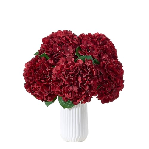 8Pcs Burgundy Fake Flowers Silk Hydrangea Artificial Flowers Bouquets Faux Hydrangea Stems for Home Table Centerpieces Wedding Party Decoration - color: Burgundy