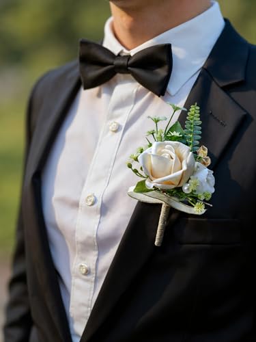 Corsage and Boutonniere Set with Champagne Roses for Bride, Groom, Bridesmaids Groomsmen Weddings, Proms, Homecomings. Perfect Party Suit Decor Wedding Flowers Accessories (Champagne) - color: Champagne