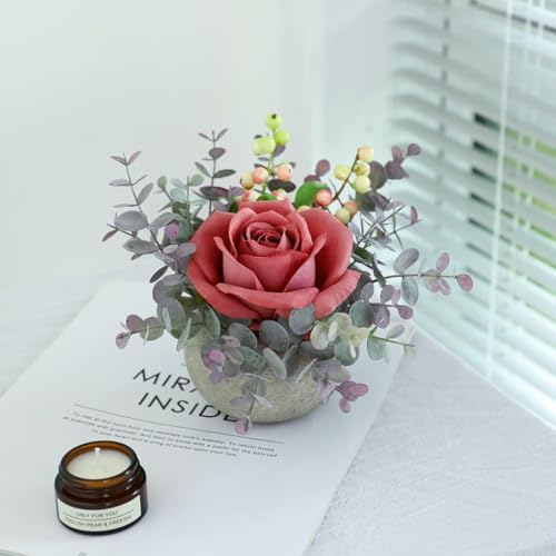Small Artificial 2pcs Pink Rose Potted Plant, 6" Fake Silk Flowers in 3.5" Round Pot, Mini Faux Floral Arrangement for Desk Shelf Bathroom Decor - color: 2pcs Pink