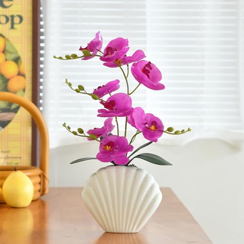 Artificial Phalaenopsis Orchid Plant in Seashell Pot, 16" Fake Orchid Flowers, Silk Faux Orchids for Home Decor, Office, Table Centerpiece, Real Touch Lifelike Indoor House Plant (Fuchsia) - color: Fuchsia