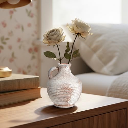 Sunddo 6 inch Rustic Ceramic Flowers Vase, Terracotta Pottery Small Vase with Handle, Farmhouse Decor,Table, Living Room, Bathroom, Shelf, Mantel Decor Brown - color: Rustic Brown - 6, size: 6 Inch