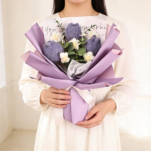 Crochet Flowers Bouquet for Her Handmade Crochet Tulips Artificial Eucalyptus Includes Handheld Gift Box and Card for Home Decor Anniversary Birthdays Mother's Day Graduation Gifts (Purple) - color: Purple