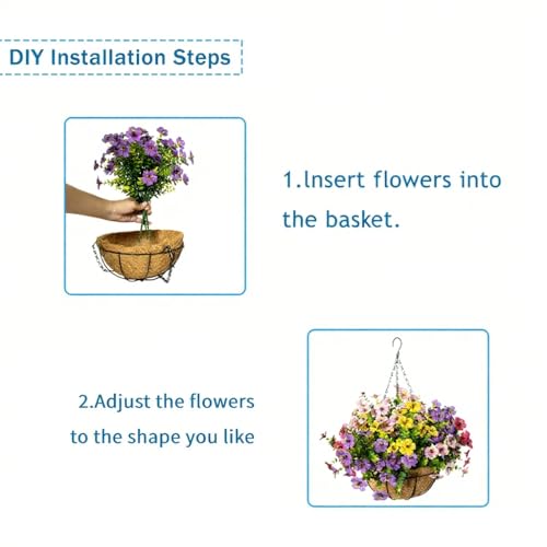 Artificial Hanging Flowers for Outdoors with Basket,UV Resistant Realistic Faux Hanging Plants Outdoor Artificial Flowers for Outdoors Basket for Yard Porch Patio Garden Home Decor,12 Bundles Mix - color: Purple+pink+yellow+rose Red