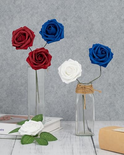 DuHouse 25Pcs Artificial Roses Flowers Fake Rose with Stems Real Touch Foam Flowers for DIY Wedding Bouquet Party Centerpiece Floral Arrangement Party Home Decor(Blue White Red) - color: Blue White Red, size: 25pcs