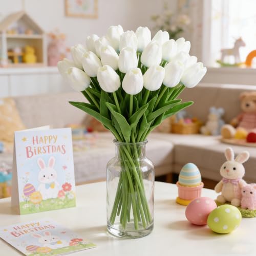 20Pcs White Artificial Tulips Flowers - 13.5" Tall Real Touch Fake Tulips for Spring Home Decor Wedding Centerpiece DIY Bouquet & Outdoor Garden Decoration