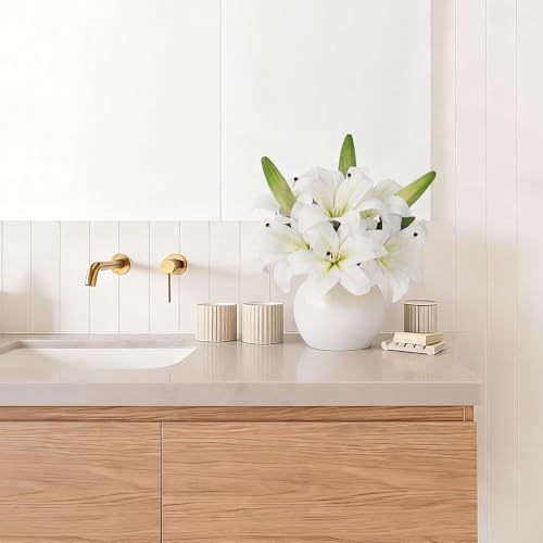 Artificial Lily Flowers with Ceramic Vase, White Silk Lily Flower Arrangement, Fake Flowers in Vase Centerpiece, Faux Floral Arrangement for Table Decor, Shelf, Bathroom, Wedding, Home Decoration