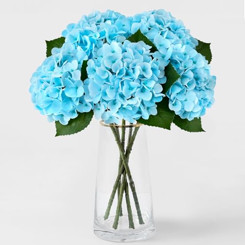 ZYTUYO 5PCS Sky Blue Hydrangea Artificial Flowers Small Fake Latex Real Touch Hydrangeas Flowers with Stems Faux Silk Bouquet for Home Decor Table Wedding Party Outdoor Centerpiece - color: Sky Blue