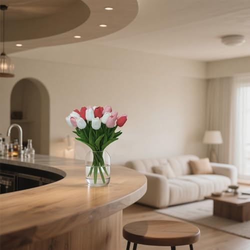 20pcs White and Red Fake Tulips Artificial Flowers Faux Flowers PU 13 Inch Mother's Day Easter Day Gifts in Home Kitchen Spring Decorations For Home - color: White and Red
