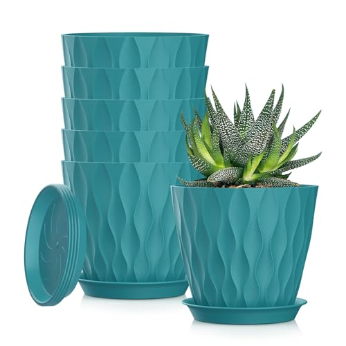5 Inch Planter Pots, 6 Pack Indoor Planters, Small Flower Pots with Drainage Holes and Tray for Succulents, Orchids, Herbs and Other Indoor Plants (Blue-Green, 5inch) - color: Blue-green, size: 5inch