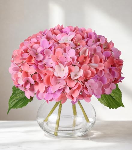 Real Touch Faux Hydrangea Flowers in Glass Vase, No Watering Needed Silk Hydrangea Artificial Flowers for Farmhouse Wedding Decor Dining Table Centerpiece Bedroom Decor - color: Fuchsia