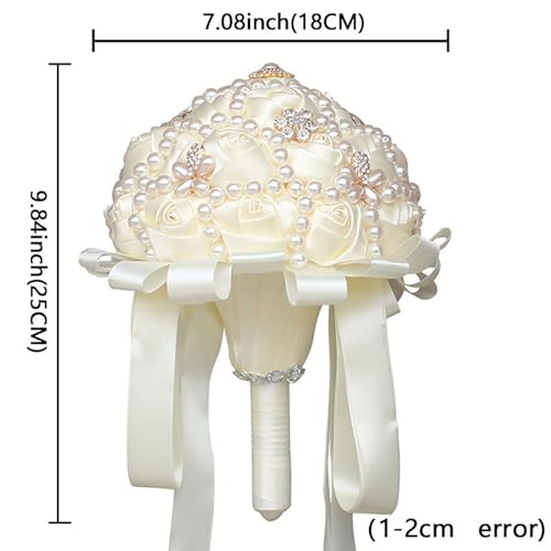 USIX Handcraft Popular Satin Rose Rhinestone Brooch Flower Pearl Bridal Holding Wedding Bouquet Wedding Flower Arrangements Bridesmaid Bouquet(Ivory) - color: Ivory