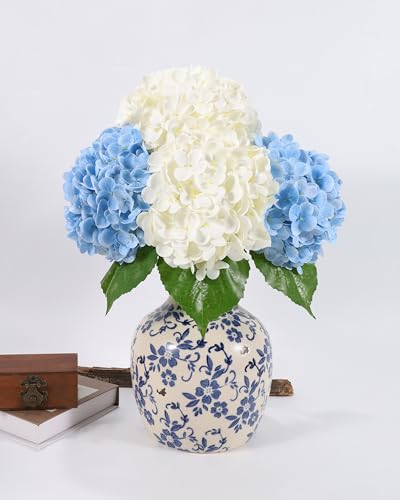 DuHouse 4Pcs Large Hydrangea Artificial Flowers,20 inch Latex Real Touch Hydrangeas for Home Wedding Bouquets Centerpieces Party Living Room Decoration(2Pcs Blue+2Pcs White) - color: 2pcs Blue+2pcs White, size: 4pcs