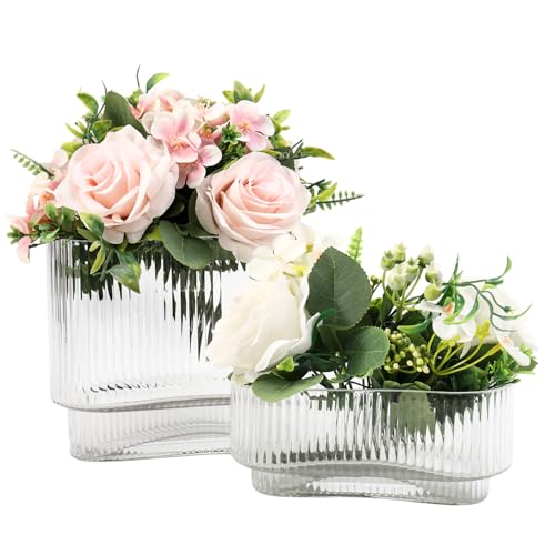 Short Glass Vases, Set of 2 Clear Glass Vases for Tulips, Ribbed Vase for Flowers, Modern Small Vase for Living Room, Dining Room, Bathroom, Desk, Shelf, Wedding, Office - color: Clear, size: Oval 7 Inches (2-Pack)
