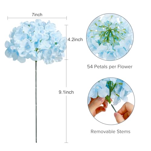 Auihiay 10PCS Hydrangea Artificial Flowers, Faux Blue Flowers for Wedding Centerpieces, DIY Bouquets, Bridal Shower, Floral Decor Home Decoration with Stems (VASE NOT Included) - color: Light Blue