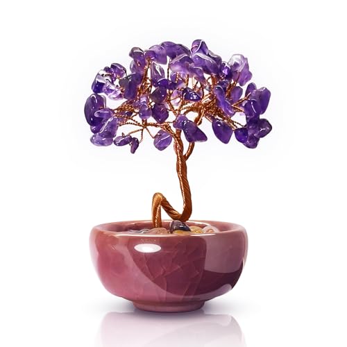 Mini Amethyst Crystals Tree of Life,Mystical Energy Home Office Desk Decor,Handmade Crystal with Copper Wire and Crackle Glaze Base,Spiritual Gift - color: 4-mystic Orchid
