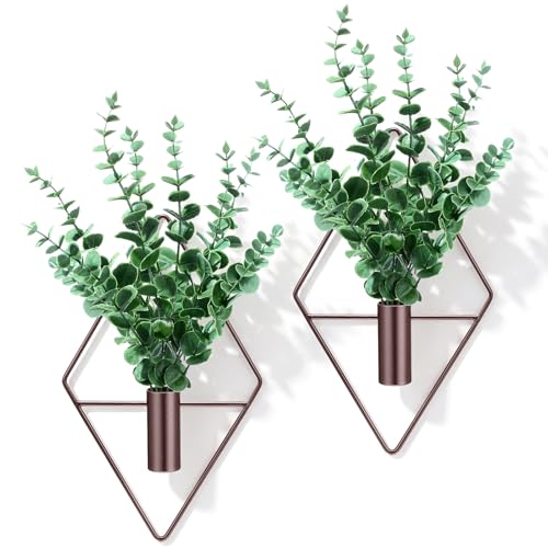 Canlierr 2 Pieces Wall Decor Hanging Planters with Artificial Plants Metal Hanging Vase Indoor Plants Holder Modern Boho Wall Art for Bathroom Bedroom Living Room Decor(Eucalyptus, Bronze) - color: Bronze, size: Eucalyptus
