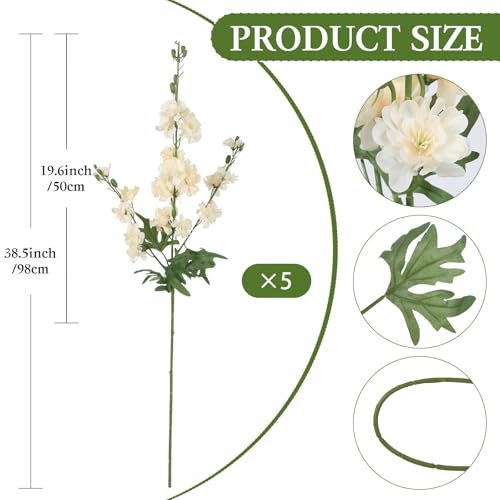 5 PCS Champagne Delphinium Artificial Flowers, 38.5" Long Stem Flowers for Tall Vase Faux Larkspur Champagne Silk Snapdragon Flowers for Wedding Centerpieces Home Party Decor - color: Champagne