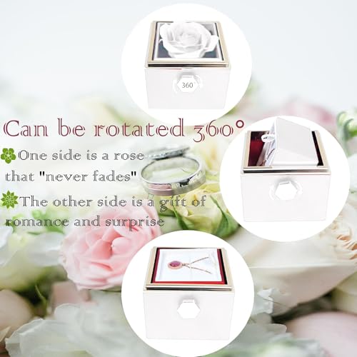 Rose Ring Box Jewelry Box Artificial Flowers Eternal Rose Box Anniversary Wedding Valentines Day Christmas Gifts for Mom Wife Girlfriend Women (White) - color: White