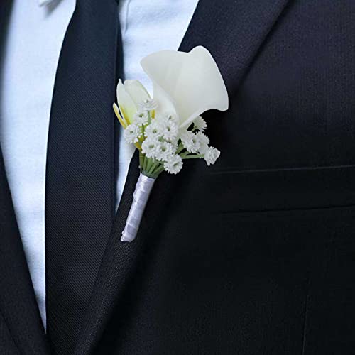 White Wrist Corsage and Men Boutonniere Set Artificial Calla Lily Bridesmaid Wrist Corsage and Groomsmen Boutonniere for Wedding Ceremony Anniversary Party Prom (1) - color: Corsage and Boutonniere