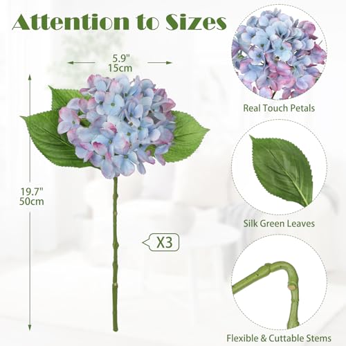 3Pcs Baby Blue Hydrangea Artificial Flowers 19.7 in Real Touch Faux Hydrangea Stems Silk Flowers with Stems Fake Blue Flowers Bouquet for Floral Arrangements Table Centerpieces Wedding Home Decor - color: Blue Mixed Pink