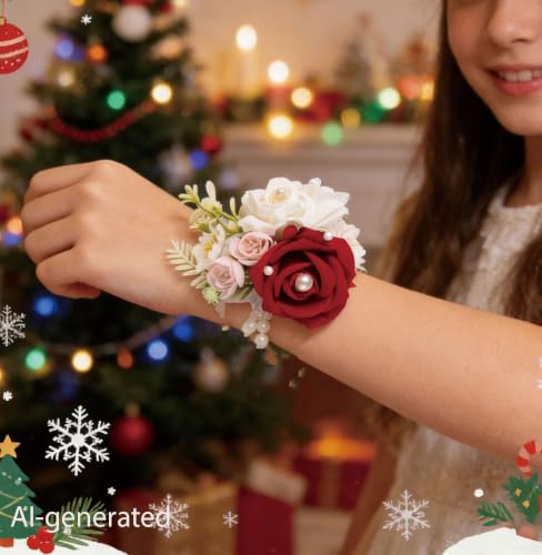 2Pcs Burgundy Dark Red Wrist Corsage for Wedding Prom, Artificial Rose Corsage Wristlet Bracelet for Bridesmaid Bride Flower Girl Party. (Dark-red, 2pcs Wrist Corsage) - color: Dark-red, 2pcs Wrist Corsage