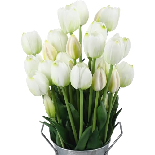 Riceshoot 30 Pcs Artificial Tulips Flowers 6 Bunches Faux Tulips Bouquets Arrangements Realistic Flowers for Office Wedding Party Kitchen Decoration(White) - color: White