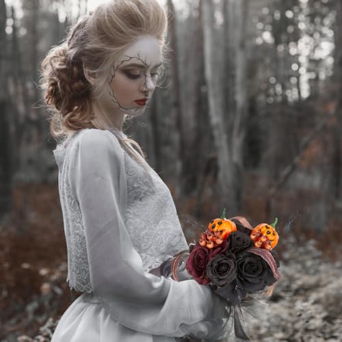 Wedding Bouquets for Bride and Bridesmaid - Black and Burgundy Gothic Bridal Flowers, Artificial Rose Bouquet - color: Red Black Rose