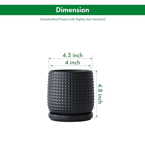 D'vine Dev 4 Inch Ceramic Beaded Stoneware Planter Pot - Flower Pot with Drainage Holes and Saucers for Indoor Succulent Plants or Flowers, Ebony Matte, 27-C-Z-6 - color: Ebony Matte, size: 4.3 Inch