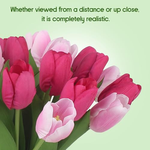 Artificial Tulips - 20 Stems Real Touch Realistic Fake Tulip Flowers Premium Silk Feel UV-Resistant Anti-Fade Waterproof Lifelike Tulips for Home Decor, Wedding Party DIY (Light Pink & Fuchsia) - color: Light Pink & Fuchsia