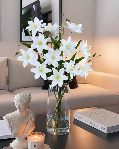 DuHouse 6 Pcs Artificial Lily Flowers, Fake Lilies Silk Flower for Table Vase DIY Wedding Bouquets Party & Home Decor(White) - color: White
