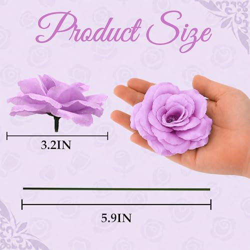 Rose Artificial Flowers, 50Pcs White Roses Head Flowers Bulk with Stem, 3 Inches Silk Rose Fake Flower Head for Wedding Party Home Decor DIY Baby Shower Centerpieces Tables Decoration (Light Purple) - color: Light Purple