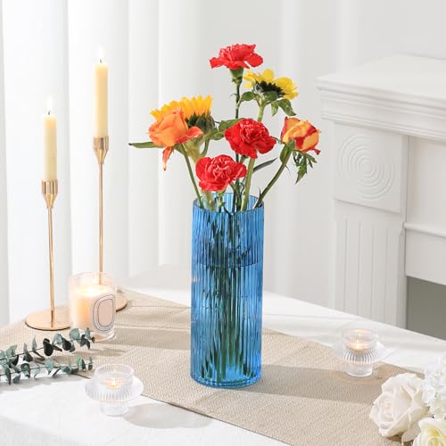 Blue Glass Vase, Glass Flower Vase, Ribbed Glass Vases, Blue Vase, Tall Cylinder Vases for Centerpieces, Living Room, Bedroom, Dining Table, Office, Wedding, Bookshelf Decoration, 10 Inches - color: Blue, size: 10''