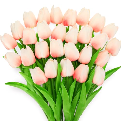 Lyrow 30 Pcs Tulips Artificial Bouquet Flowers Faux Tulips for Home Kitchen Wedding Decorations,Gift Idea for Easter Decor Mother's Day Birthdays(Pink) - color: Pink