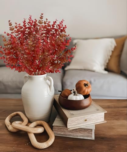 5 Stems Artificial Fall Greenery – 14.6" Eucalyptus Leaf Stems for Autumn Floral Arrangements, Thanksgiving Centerpieces, Fall Decor Bouquets, Burgundy Red - color: Eucalyptus - Burnt Red