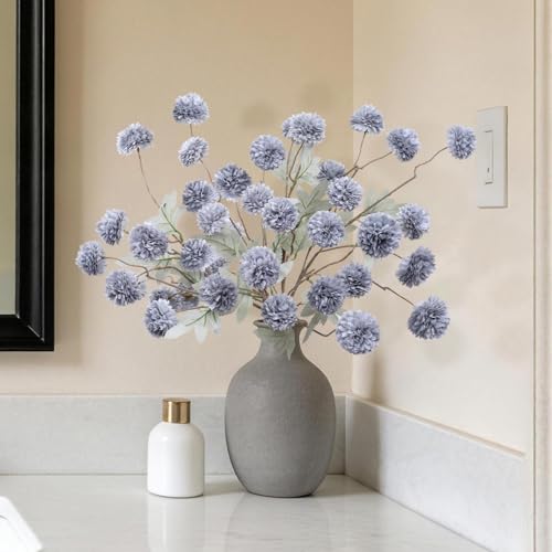 INQCMY Artificial Flowers 12 Pcs Fake Chrysanthemums Faux Kiku Flower Long Stem 20" Realistic Silk Pompon Mums for Vase Wedding Bouquets Centerpieces Home Decor (Haze Blue) - color: Haze Blue