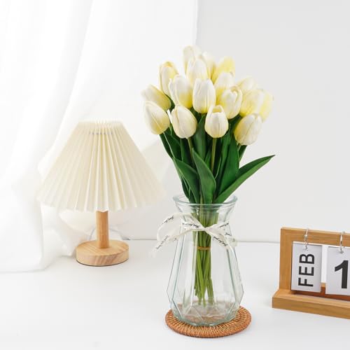 10Pcs Fake Tulips Yellow Realistic Flowers Real Touch PU Artificial Tulips with Stems Light Yellow Fake Spring Flowers for Home Decor Floral Arrangements Table Centerpieces - color: Yellow