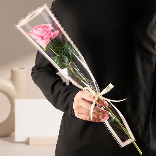 Mauproy 100Pcs Single Rose Sleeves with Pink Edges, Single Flower Bags with Ribbons Plastic Flower Wrap for Graduation, Flower Bars, Florist Supplies - color: Pink Edges