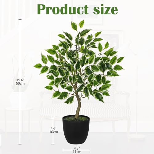 Artificial Potted Plants Indoor,19" Faux Plants Ficus Leaves Trees in Pot Realistic Fake Plant Indoor Potted for Living Room Office Farmhouse Room Bathroom Bedroom Kitchen Plant Decor Green and White - color: Green and White