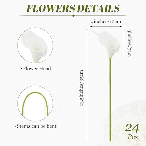 24 Pcs White Artificial Calla Lily Flower White Fake Silk Flowers Real Touch for Wedding Bouquet Office Home Kitchen Decor - color: Pure-white