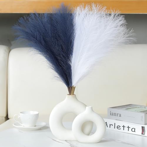 Ureymx Faux Pampas Grass Decor 17.7 Inch 30pcs, Artificial Pompas Grass Bulk Artificial Dried Flower Small Vase Filler for Boho Home Wedding Decoration (Blue/White) - color: Blue/White, size: 17 Inch 30 Pcs