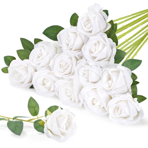 Lifewit Classic White Artificial Roses Flowers, Faux Long Stem Silk Roses Bulky for DIY Wedding Bouquets Decoration, Centerpieces Arrangements, Velentine,12 Pcs - color: White